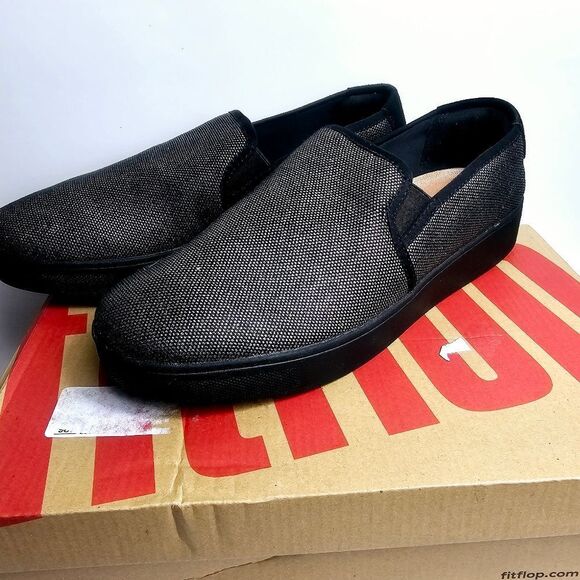 NEW FitFlop RALLY Glitz Canvas Skate Trainers Silver Black SIZE 10 - Picture 2 of 10